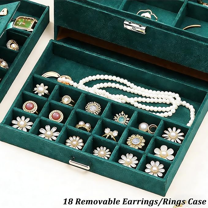 QBestry Jewelry Box for Women with Drawer, 3-Layer Large Jewelry Organizer with Lock & Key, 8 Necklace Hooks & 56 Earring Holes, Green Velvet Jewelry Storage Box for Necklaces Earrings Rings Bracelets