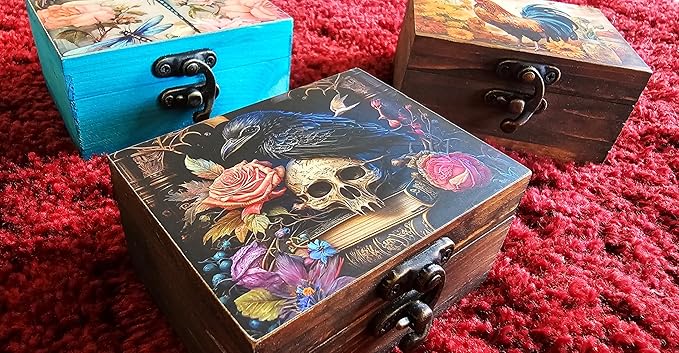 Trinket Box Small Jewelry Keepsake Box | Earrings Necklace Storage Box for Girls Women | Gift Idea, Birthday Christmas, Weddings, Animals Ornaments for Home Décor (Mystical Raven and Skull)