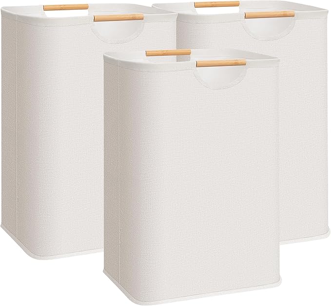 STORAGE MANIAC 3-Pack Large Laundry Hamper, 80L (21.1 Gal) Collapsible Laundry Basket with Bamboo Handles, Freestanding Waterproof Clothes Hamper for Laundry Room, Bedroom, Dorm, Towels, Toys, Beige
