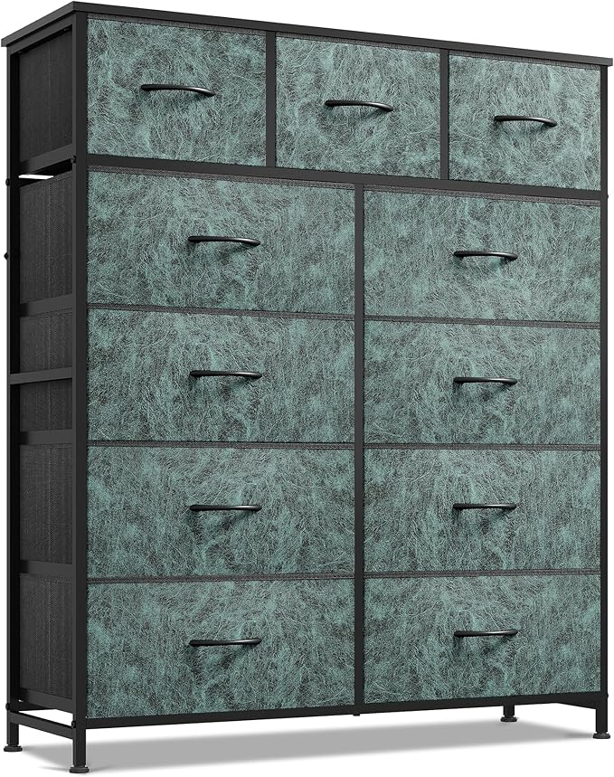 WLIVE Storage Organizer Unit with 11 Fabric Bins, Storage Drawers Organizer with Steel Frame, Tall Storage Tower Organizaton for Living Room, Hallway, Office, Vintage Green