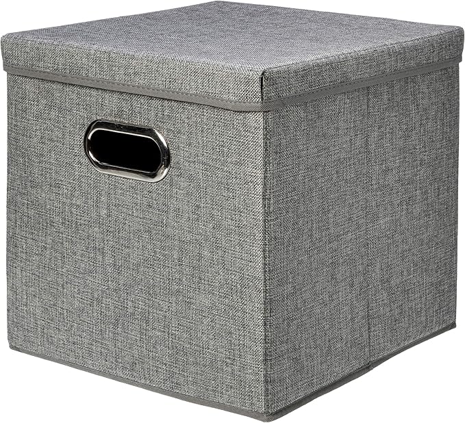 Amazon Basics Foldable Burlap Cloth Cube Storage Bins with Lid, Collapsible Organizing Containers, Stackable and Sturdy, Gray, Set of 2