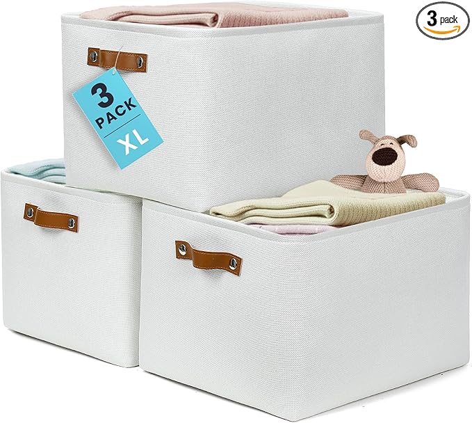 OrganiHaus Extra Large Fabric Storage Baskets for Shelves 3 Pack, 16x13in Closet Storage Bins, Canvas Baskets for Organizing, Linen Closet Organizers, Cloth Basket, Off-White
