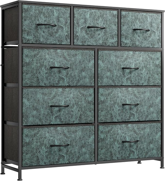 WLIVE 9 Drawer Dresser, Fabric Storage Tower for Bedroom, Hallway, Closet, Tall Chest Organizer Unit for Bedroom with Fabric Bins, Steel Frame, Wood Top, Easy Pull Handle, Vintage Green