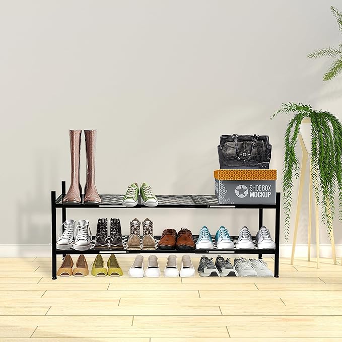 Shoe Rack, 45.6" Expandable Shoes Storage Metal Shoe Shelf Stand 2-Tier Stackable Boot Organizer for Closet, Entryway, Garage, Bedroom, Door Entrance, Black