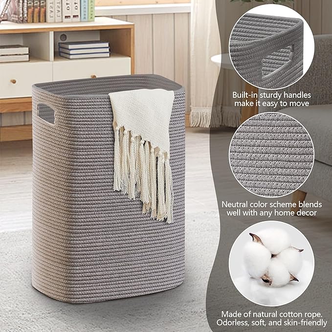 MEGASKET Large Laundry Hamper 16"x13"x22" - Tall Woven Laundry Basket, Cotton Rope Dirty Clothes Hamper, Baby Kids Nursery Wicker Laundry Basket, Bedroom Aesthetic, Soft Laundry Bin, Gray Hamper, 75L
