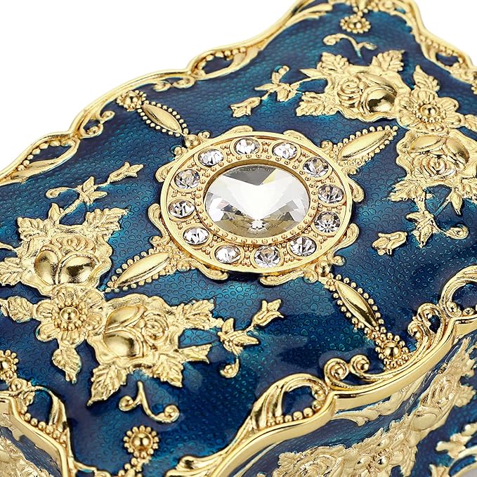Hipiwe Vintage Jewelry Box, Small Enameled Trinket Box Organizer Rectangular Treasure Chest Box Jewelry Decorative box Keepsake Gift Box Case for Women,3.7x 2.7x 2 inch