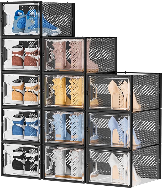 SIMPDIY Shoe Storage, 12 Pack X-Large Shoe Organizer for Closet, Shoe Boxes Clear Plastic Stackable Shoe Storage Boxes for Size 13