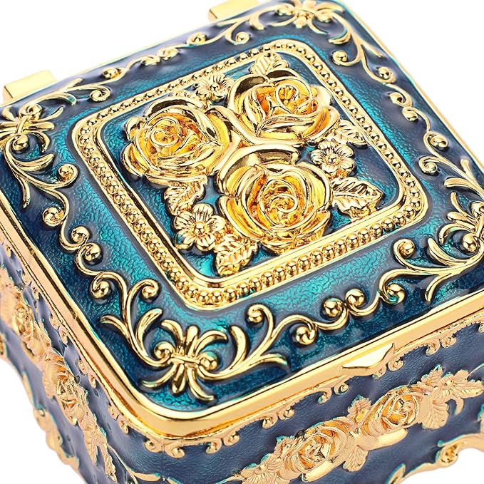 Hipiwe Vintage Metal Jewelry Box - Small Trinket Organizer Ring Box Case with Rose Pattern, Jewelry Storage Box for Ring Earrings Necklace, Keepsake Box for Women, 3"x3"x2.4"