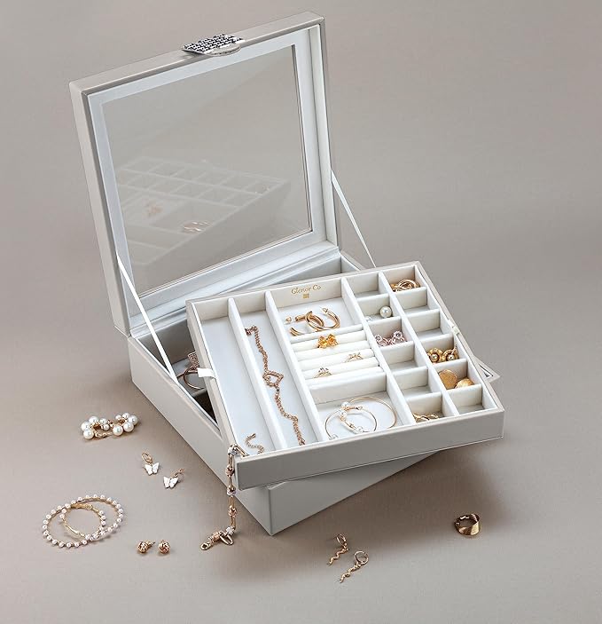 Glenor Co 28 Section Jewelry Box - 2 Layer - Buckle Snap & Magnet Closure - Large Glass Top - Leather Design - Grey - Jewelry Organizer for Women & Girls - for Earring Ring Necklace & Bracelet