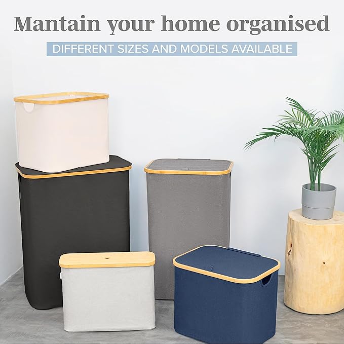 LONBET Laundry Basket with Lid, Made from Breathable Fabric | Aesthetic Clothes Hampers for Laundry with Side Handles & Sturdy Bamboo Frame (40 Gallons - Double, Black)