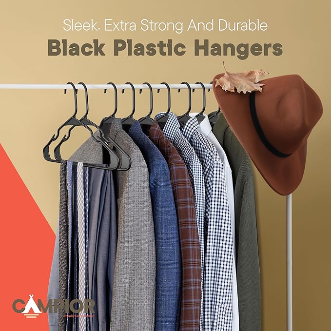 Black Plastic Hangers 50 Pack– Heavy-Duty Plastic Hangers Slim and Space-Saving, Durable and Lightweight PP with Non-Slip Shoulder Notches for Slip Dresses, Suits, Jackets & Camisoles
