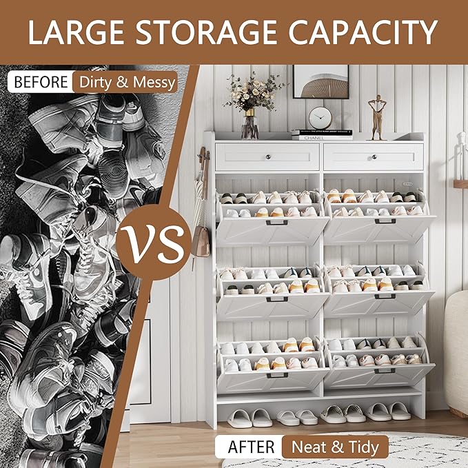 Shoe Cabinet with 6 Flip Drawers & 2 Top Drawers, 57" Tall Freestanding Narrow Wooden Shoe Storage Organizer for Entryway, Hidden Slim Shoe Rack for Front Door Entrance, Hallway, Living Room, White