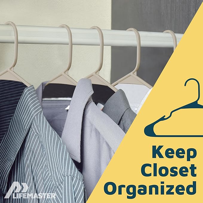 Lifemaster Plastic Clothes Hangers – Heavy Duty Hanger Set, for Organizing Clothes, Dresses, and Coat, Holds Up to 5 lbs, Space-Saving Hangers with Non-Slip Shoulder Grooves, Pack of 120, Ivory