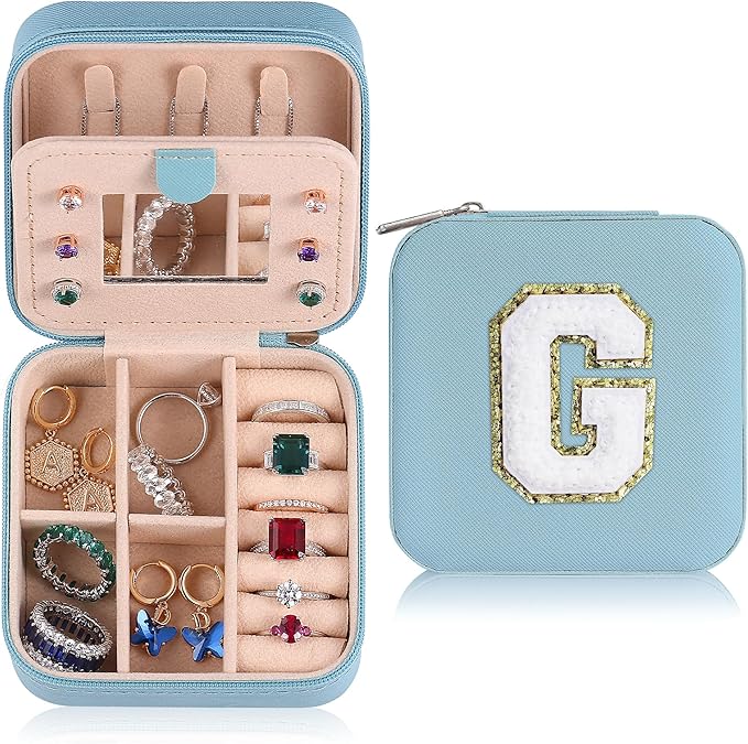 Parima Christmas Gifts List 2025 Ideas - Personalized Initial Travel Jewelry Case, 4 5 6 7 8 9 10 11 12 Year Old Girl Birthday Gifts Christmas Gifts for Daughter Granddaughter - Letter G, Sky Blue