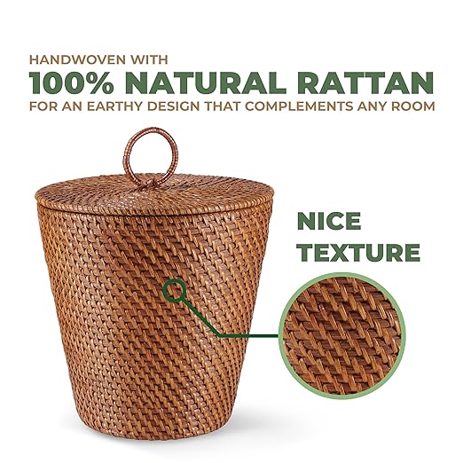 84ECO 3 Gallon Rattan Trash Can with Lid and Liner - Wicker Trash Can for Bathroom, Bedroom, Kitchen, Living Room