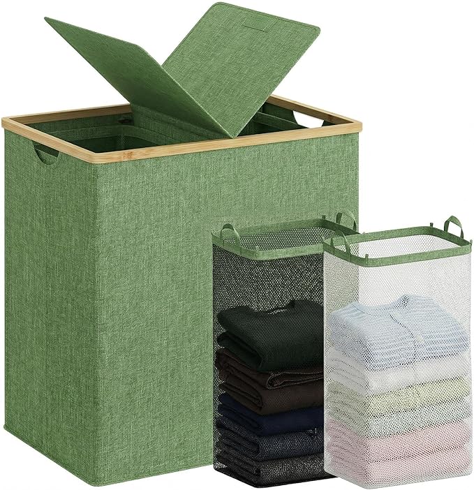 efluky Laundry Hamper with Lid, Double Laundry Hamper with 2 Removable Bags, 2 Section Laundry Basket with Bamboo Handles for Bathroom, Bedroom & Laundry Room,140L Green