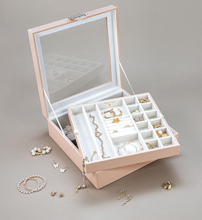 Glenor Co 28 Section Jewelry Box - 2 Layer - Buckle Snap & Magnet Closure - Large Glass Top - Leather Design - Sand - Jewelry Organizer for Women & Girls - for Earring Ring Necklace & Bracelet