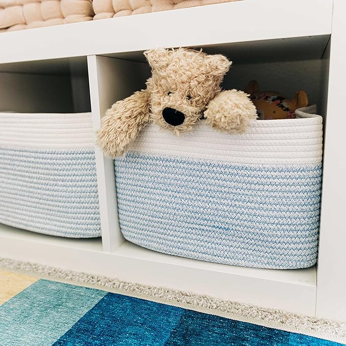 OrganiHaus Rope Baskets for Shelves - Set of 3 Woven Storage Baskets for Organizing, Closet & Toy Storage - Blue/White - 15x9x10