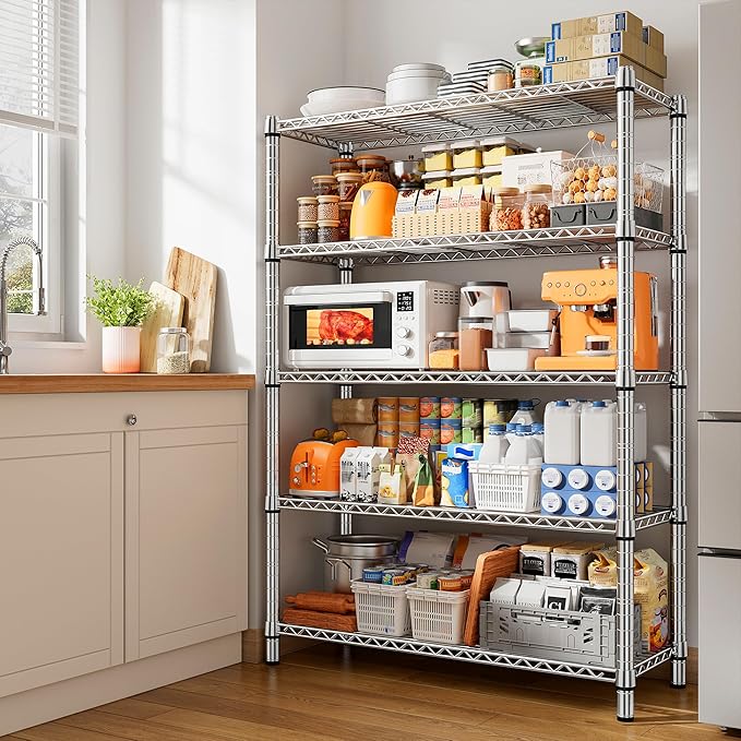 REIBII 5 Tier Metal Shelving Storage Shelves, 71''H Adjustable Wire Shelves Garage Shelving Unit for Kitchen, Pantry, Laundry Room, Warehouse, Office, 71H X 35.5W X 14D, Chrome