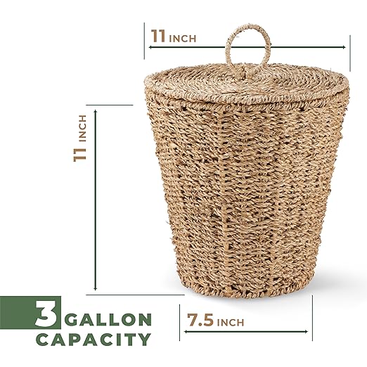 84ECO 3 Gallons Seagrass Waste Basket with Lid and Liner - Wicker Trash Can