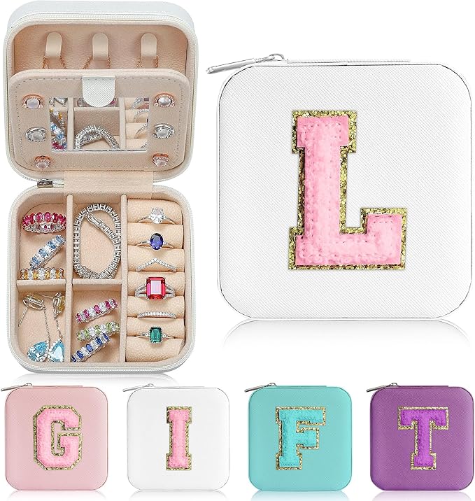 Parima Travel Jewelry Case - Initial Jewelry Boxes, Travel Gifts for Women Girl, Ring, Necklace, Earring Organizer Box - Initial L, White