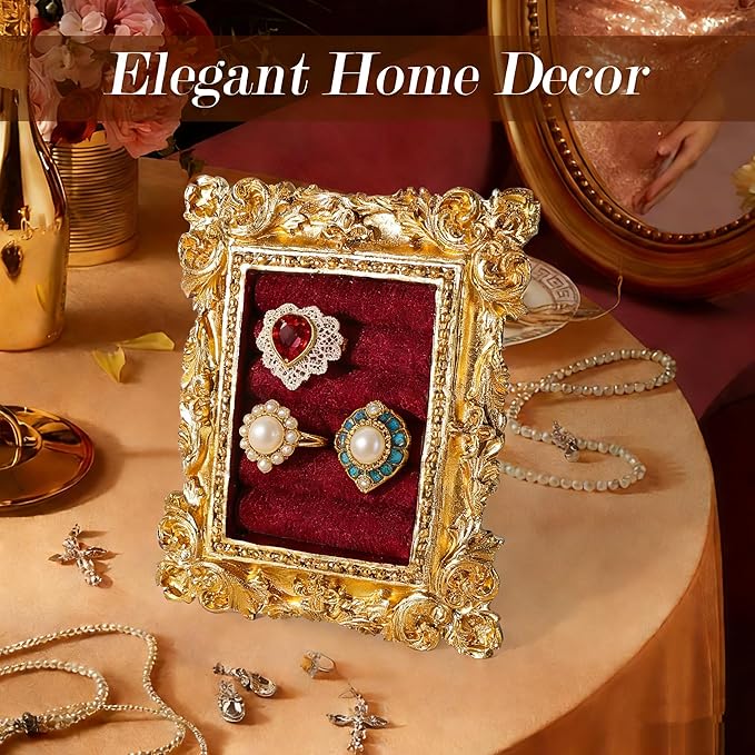 Vintage Ring Holder Rectangle Gold Velvet Display Stand - Baroque Jewelry Organizer Box Tray for Wedding Engagement Anniversary Women Birthday Christmas Gift Photograph Prop (MPF05-Gold Red)