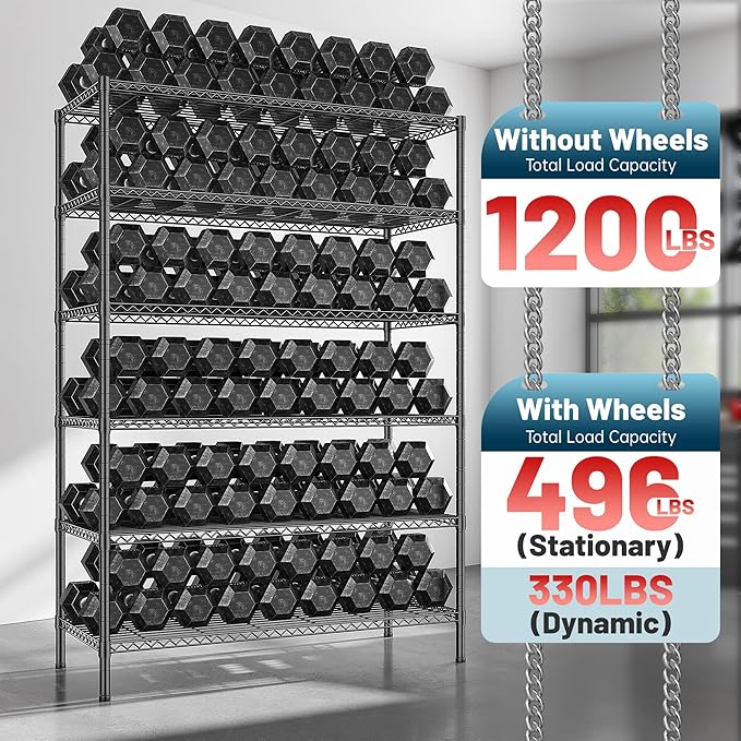 Romorgniz 82"H X45"W X18"D Storage Shelves with Wheels, 6 Tier Wire Shelving Adjustable Metal Shelving Pantry Shelves Capacity 1200LBS for Garage Shelving, Pantry, Kitchen, Closet, Commercial, Black