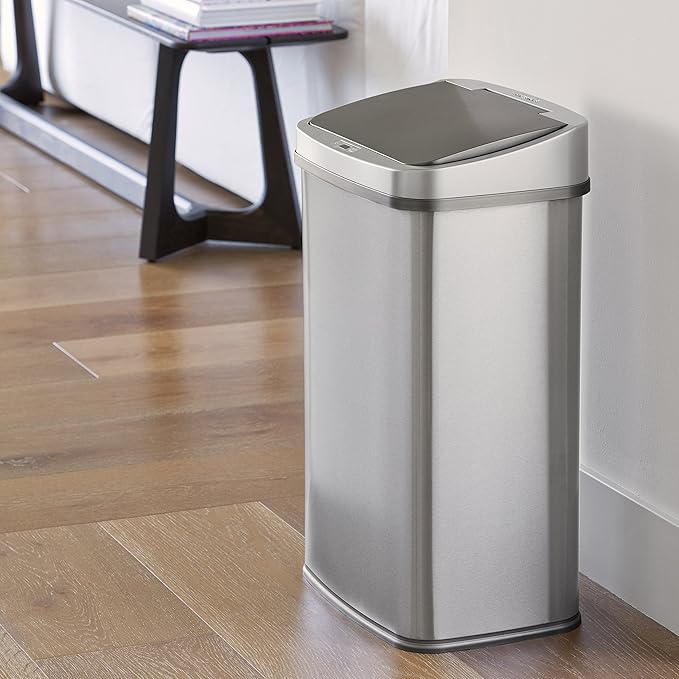 Ninestars DZT-50-28BR Automatic Touchless Motion Sensor Rectangular Trash Can, Black Top, 13 Gal. 49 L., Brush