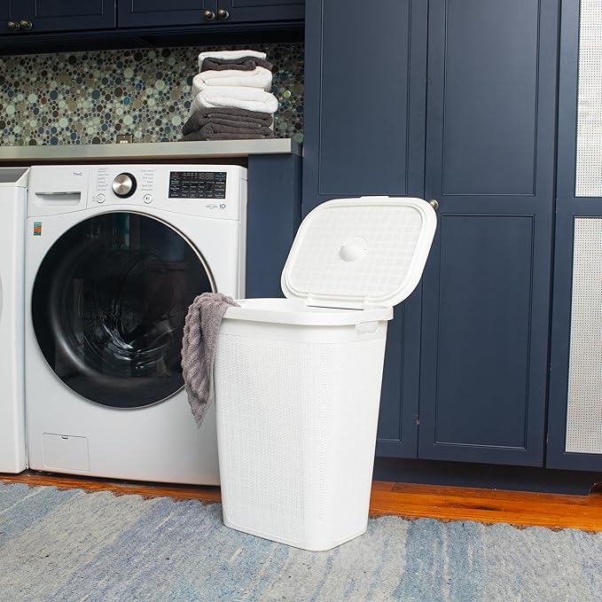 Mind Reader 60L Slim Laundry Hamper, Clothes Basket, Lid, Linen Design, Plastic, White