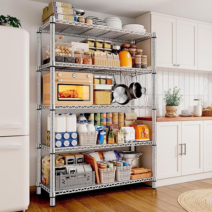 REIBII 5 Tier Metal Shelving Storage Shelves, 71''H Adjustable Wire Shelves Garage Shelving Unit for Kitchen, Pantry, Laundry Room, Warehouse, Office, 71H X 35.5W X 14D, Chrome
