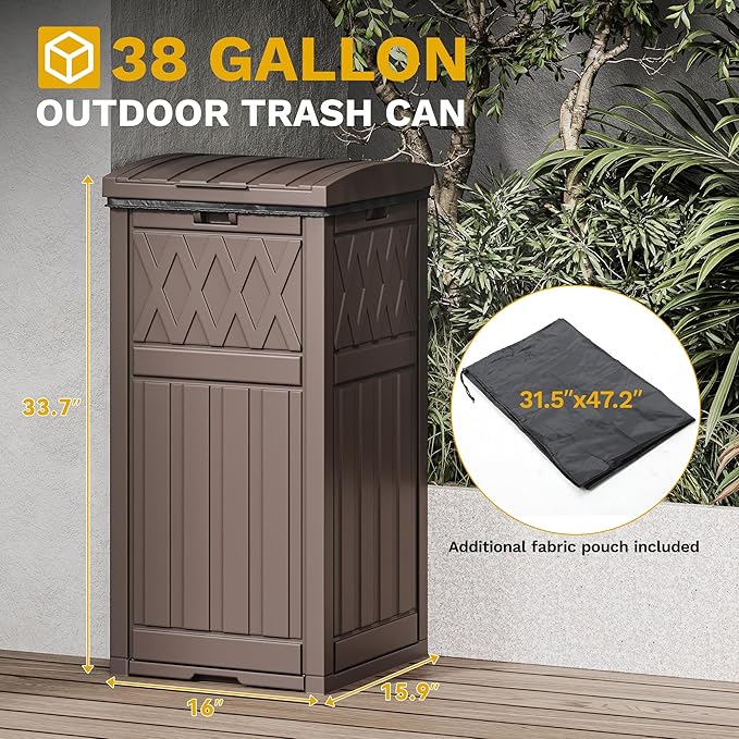 DWVO 36-Gallon Outdoor Trash Can with Fabric Bag, Tiered Lid & Drip Tray, Waterproof Resin Garbage Bin for Patio, Deck, and Backyard, Dark Brown