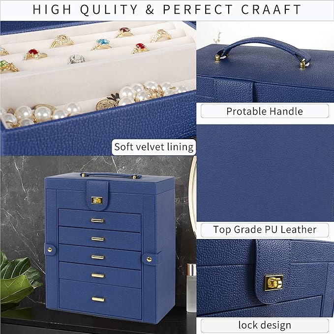AKOZLIN Large Jewelry Box Organizer Functional with Big Mirror, Leather Jewelry Storage Case for Women Girls Ring Necklace Earring Bracelet Holder Organizer Blue