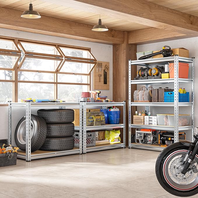 REIBII Garage Shelving, 5 Tier Storage Shelves Load 2400LBS, Adjustable Garage Shelving Heavy Duty, Metal Shelving Unit with Waterproof Columns, 35.5" W x 11.9" D x 72" H, Galvanized, 3 Pack