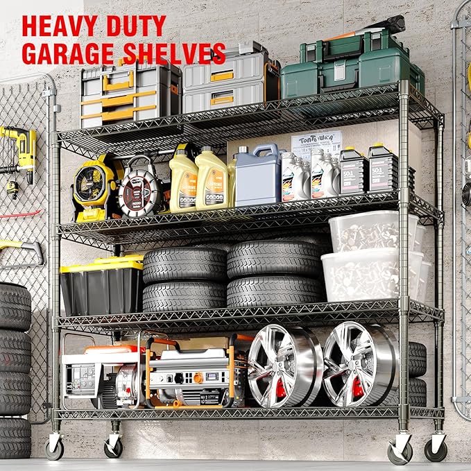 4-Tiers Storage Shelves 59" W x 71.8" H Heavy Duty Garage Shelving Units with Wheels, 2640LBS Rolling Wire Shelving Rack for Garage Kitchen Warehouse Industrial Pantry