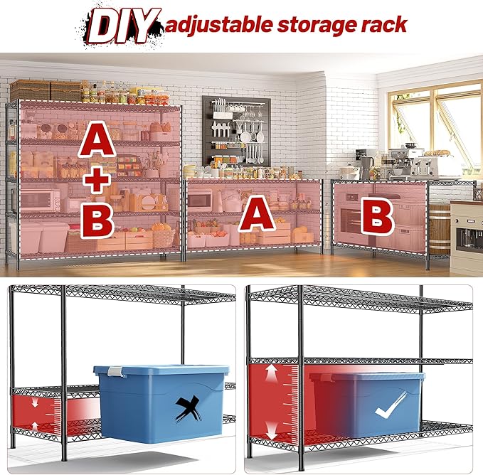REIBII 3200LBS Storage Shelves 55.5" W Garage Shelving Heavy Duty 5 Tier Adjustable Wire Shelving Unit Metal Shelving for Garage Pantry Commercial Basement,55.5" W X 18''D X 71" H
