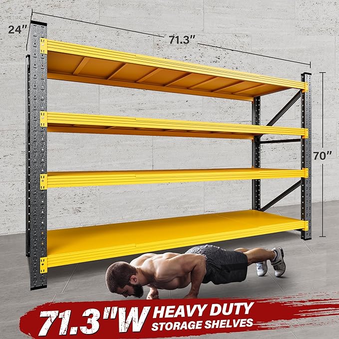 71.3" Wide Heavy Duty Garage Shelving Units,5000LBS Deep Storage Shelves,Yellow Metal Garage Shelves,Steel Shelf,Large Storage Rack,Industrial Shelving for Shop,Warehouse,Basement,71.3"W x 24"D x 70"H