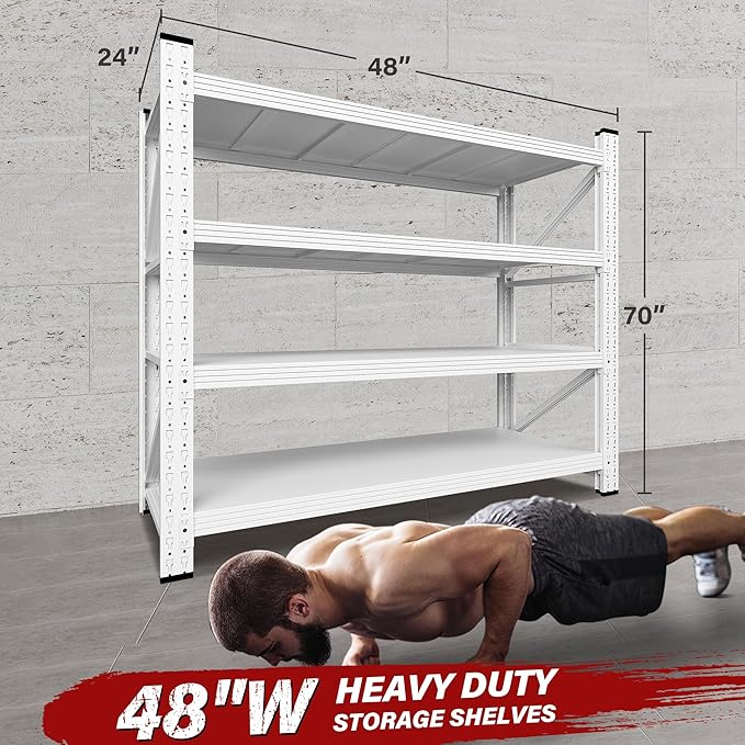 48" Wide Heavy Duty Garage Shelving Units,3000LBS 24 Deep Storage Shelves,White Metal Garage Shelves,Large Storage Rack,Steel Shelf,Industrial Shelving for Shop,Warehouse,48" W x 24" D x 70" H