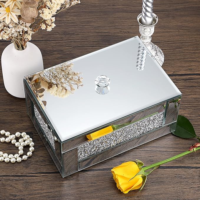 Hipiwe Glass Mirrored Jewelry Box with Crushed Diamond Decor, Trinket Organizer Box Luxury Rings Earrings Necklace Storage Keepsake Box Treasure Chest Case, Silver Large Size