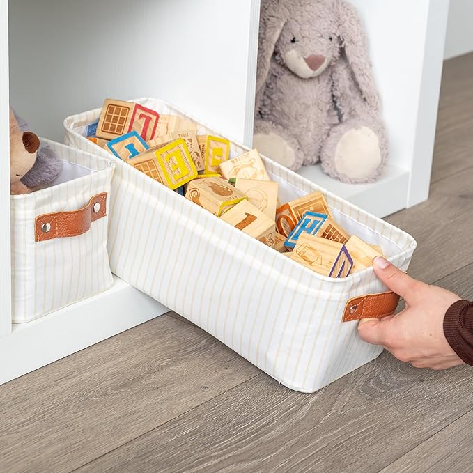 OrganiHaus Narrow Fabric Storage Baskets 2 Pack, Narrow Storage Bins for Shelves, Closet Storage Bins for Pantry Entryway, Cloth Canvas Basket, White/Brown