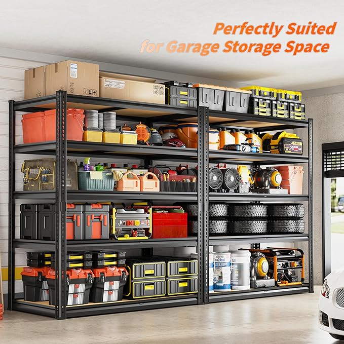 ROOMFAVE 2300LBS Storage Shelves Heavy Duty 5 Tier Garage Storage Shelving, Adjustable Metal Shelving Unit Utility Rack Shelf for Warehouse, Pantry, Closet, 72" H x 40" W x 20" D, Black,2PCS