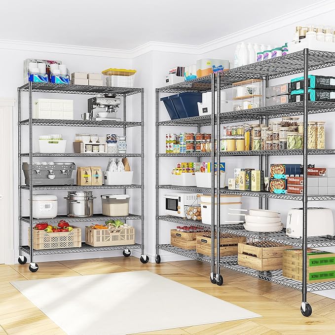 Romorgniz 82"H X45"W X18"D Storage Shelves with Wheels, 6 Tier Wire Shelving Adjustable Metal Shelving Pantry Shelves Capacity 1200LBS for Garage Shelving, Pantry, Kitchen, Closet, Commercial, Black