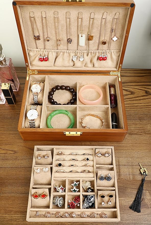 Solid Walnut Wood Jewelry Box with Lock, 2-Layer Vintage Jewelry Organizer for Men Women, Velvet-Lined Storage Chest with Key Lock (Khaki)
