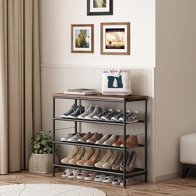 INGIORDAR Shoe Rack Organizer 4 Tier Metal Organizer Shelf with Industrial MDF Board and Layer Fabric for Entryway Closet Bedroom Living Room Garage,Black & Rustic Brown (Black+Rustic Brown, 4 Tier)