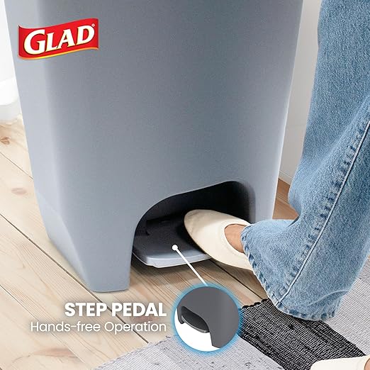 Glad Kitchen Trash Can | Large Plastic Waste Bin with Odor Protection of Lid | Hands Free with Step On Foot Pedal and Garbage Bag Rings, 13 Gallon, Grey