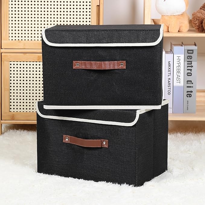 ANMINY 4PCS Storage Bin with Lid Storage Boxes with PU Leather Handles PP Plastic Board Decorative Foldable Lidded Cotton Linen Fabric Home Cubes Baskets Closet Organizer Container - Black, Medium