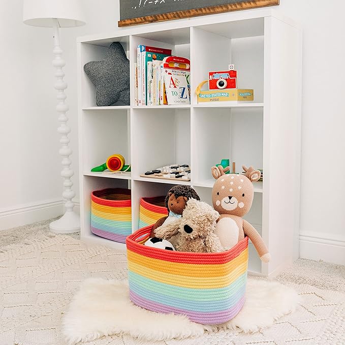 OrganiHaus Rainbow Basket - Colorful Woven Storage Basket for Playroom, Nursery & Classroom Decor & Toy Storage, 15x9x10