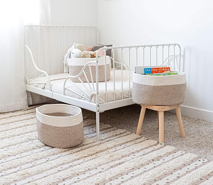OrganiHaus Rope Baskets for Shelves - Set of 3 Woven Storage Baskets for Organizing, Closet & Toy Storage - Brown/Off-White - 15x9x10