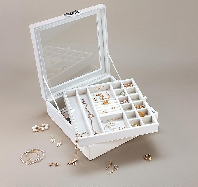 Glenor Co 28 Section Jewelry Box - 2 Layer - Buckle Snap & Magnet Closure - Large Glass Top - Leather Design - White - Jewelry Organizer for Women & Girls - for Earring Ring Necklace & Bracelet