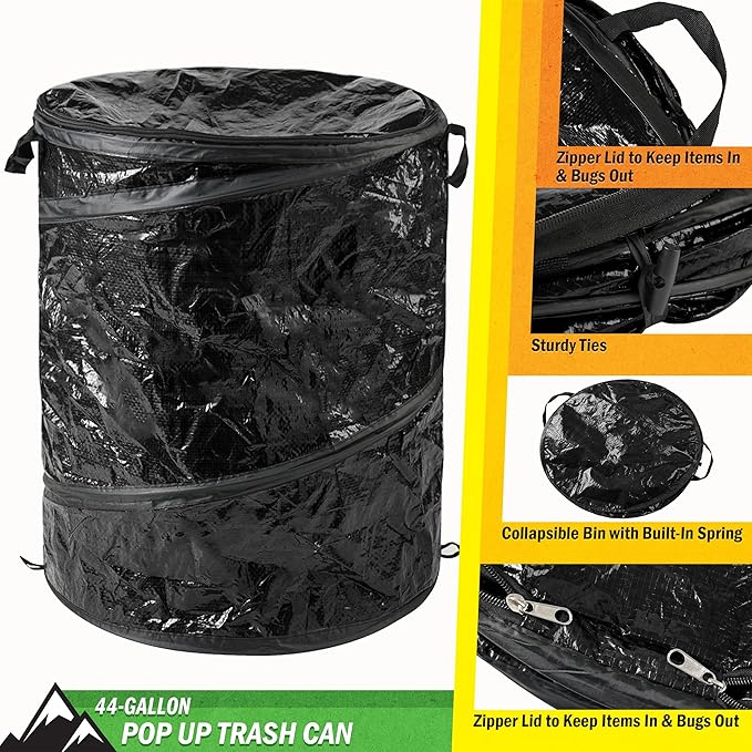 Collapsible Trash Can - 44-Gallon Portable Garbage Can Outdoor Bin with Zippered Lid for RV, Camping, Parties, or Yard Waste by Wakeman (Black)