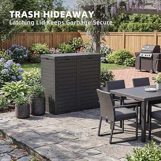 EFU 38 Gallon Outdoor Trash Can with Lid & Drip Tray, Dual Garbage Can for Patio Backyard Deck,Large Heavy Duty Waste Container Bin，Black